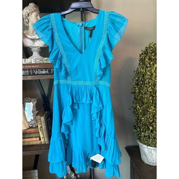 BCBGMAXAZRIA Pleated Ruffled Mini Dress Blue Womens Size 0 - Picture 3 of 10